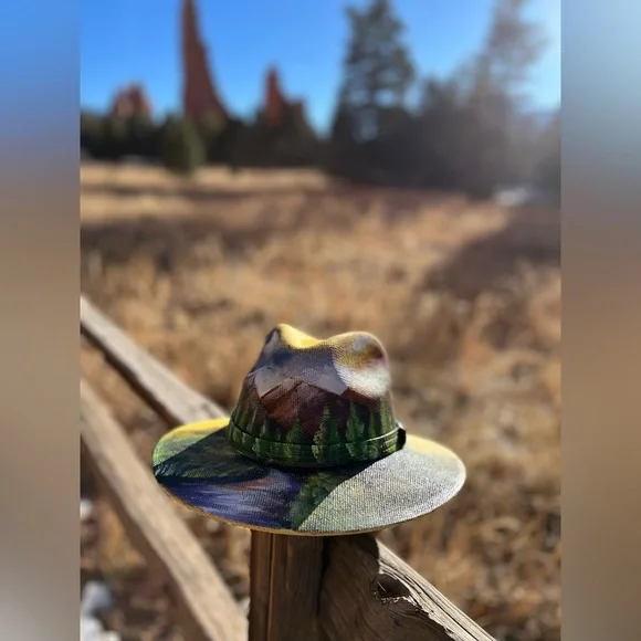 One-of-kind hand painted hat of Colorado mountains Hand Painted Trucker Hat, Mountain Cross at Sunset, One of a  main image 2
